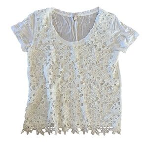 J Crew Women’s White Floral Crochet Front Short Sleeve Top Medium